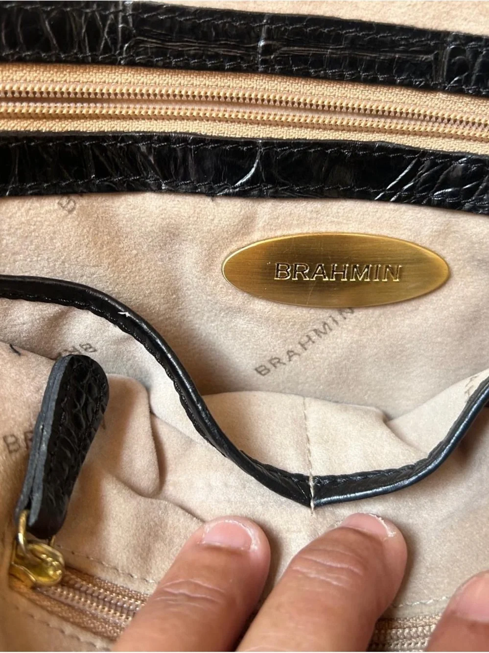 Brahmin Black Croc-Embossed Leather Satchel with Gold Hardware